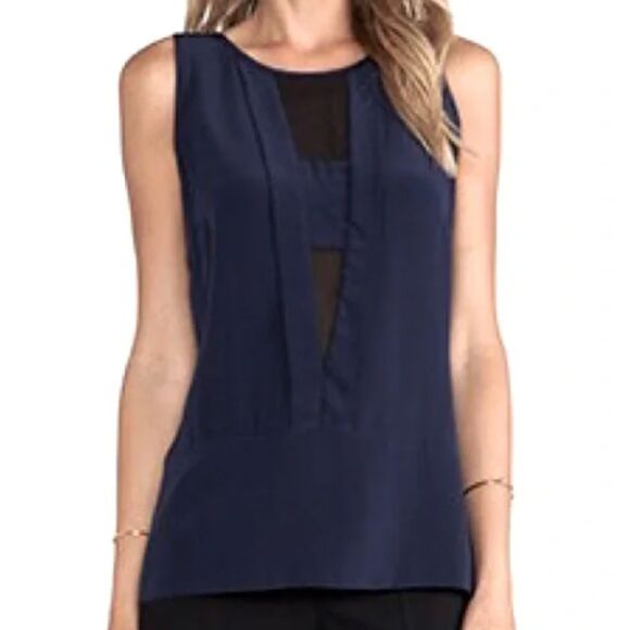 Trina Turk 100% Silk Devera Navy Black Sheer Mesh Panel Tank Swing Tank Top L - Picture 1 of 9